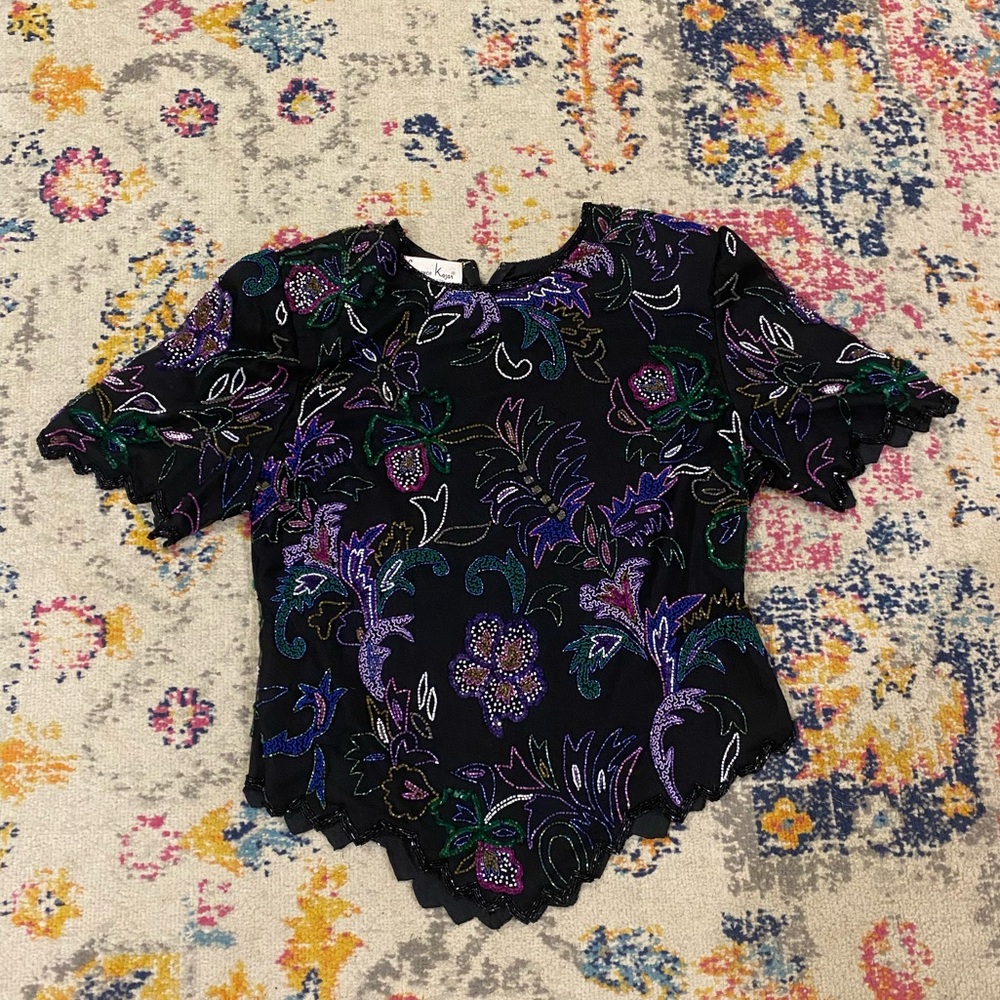 Laurence Kazar Black Floral Beaded Top with Purple and Green Accents